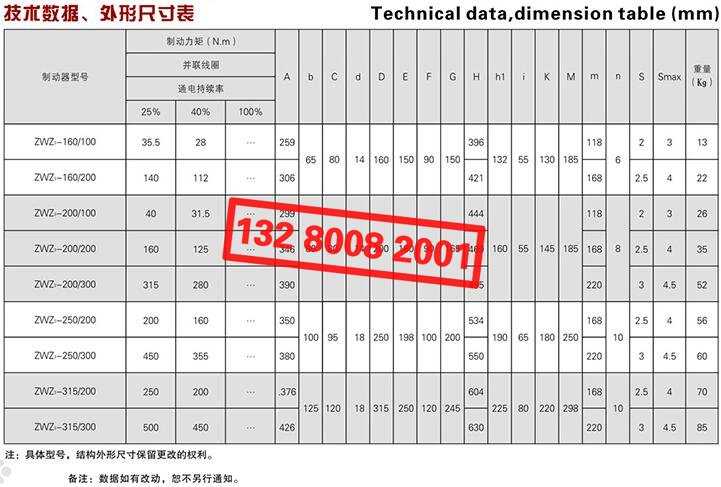 ZWZ3系列直流電磁鼓式制動器技術(shù)數(shù)據(jù)、外形尺寸表